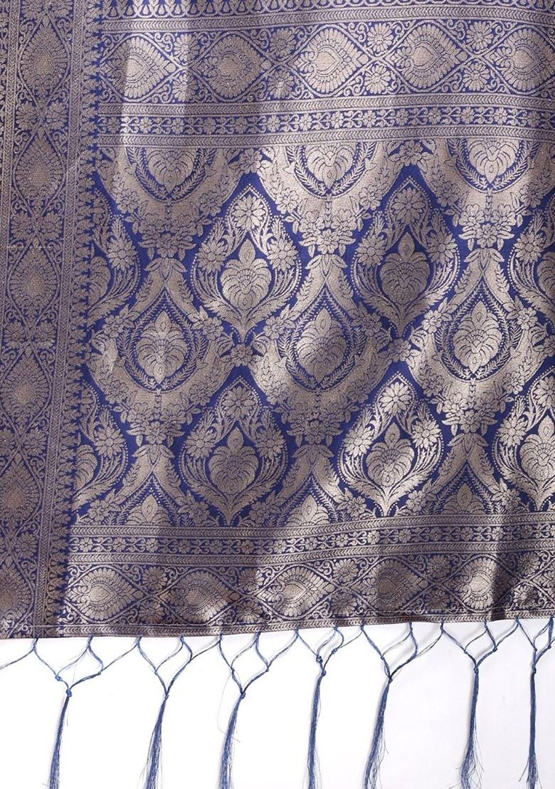 Blue Printed Blended Saree Set - Indya