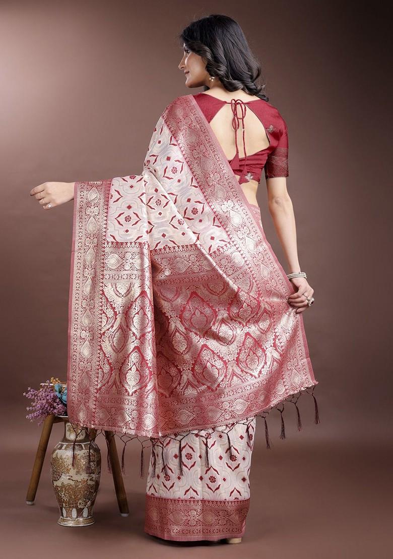 Red Printed Blended Saree Set - Indya