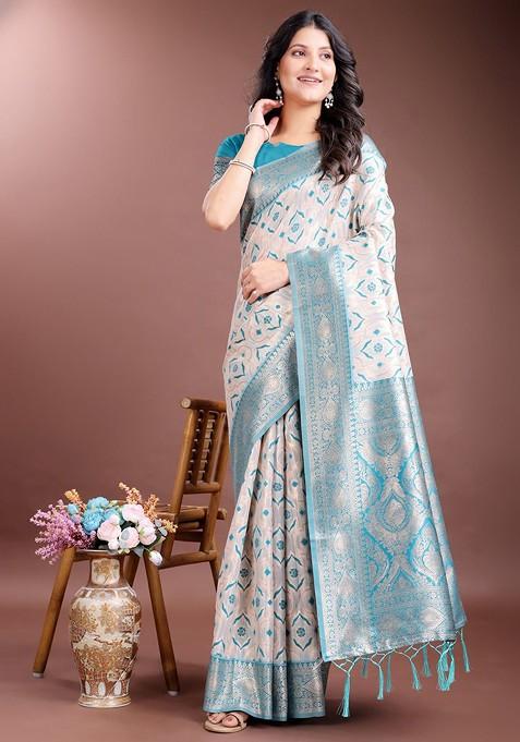 White Zari Printed Blended Saree Set