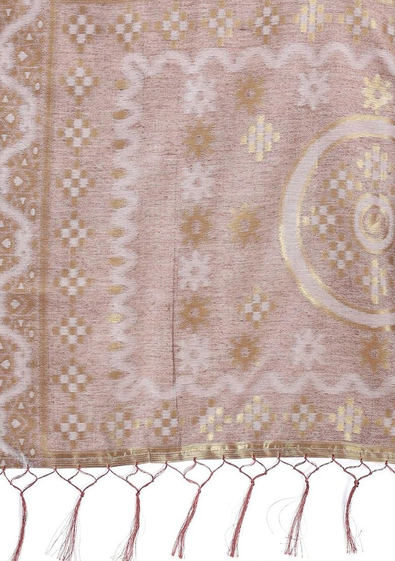 Beige Zari Printed Blended Saree Set - Indya