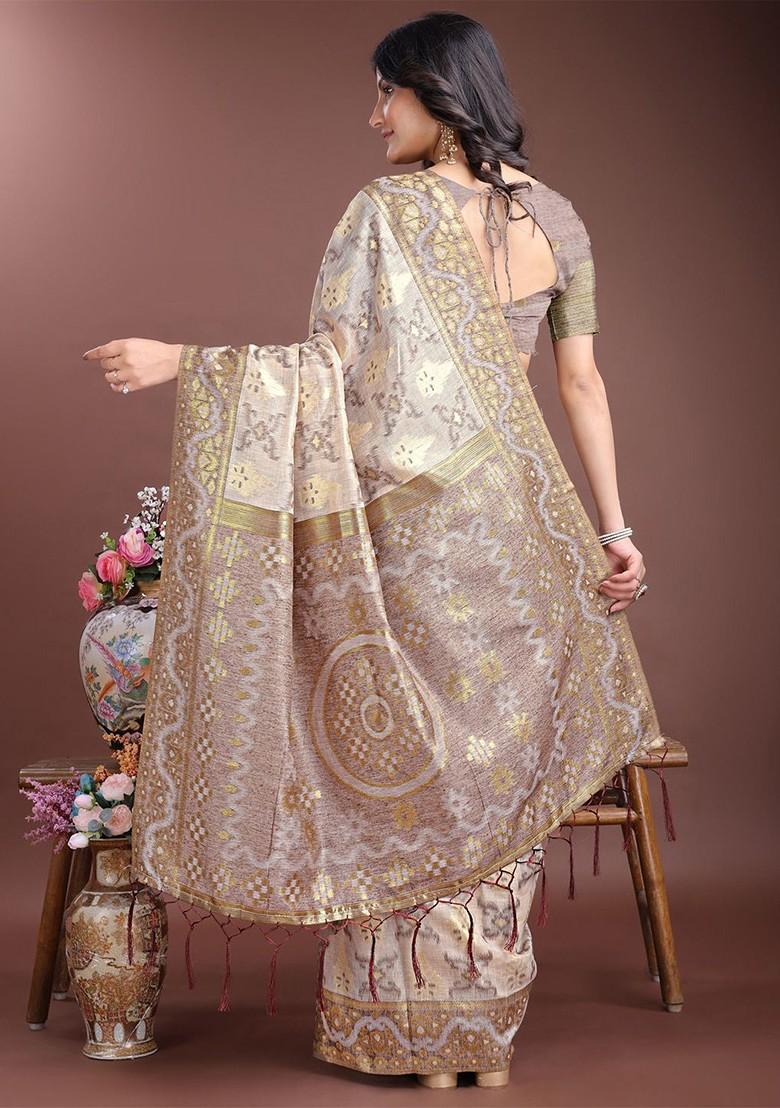 Beige Zari Printed Blended Saree Set - Indya