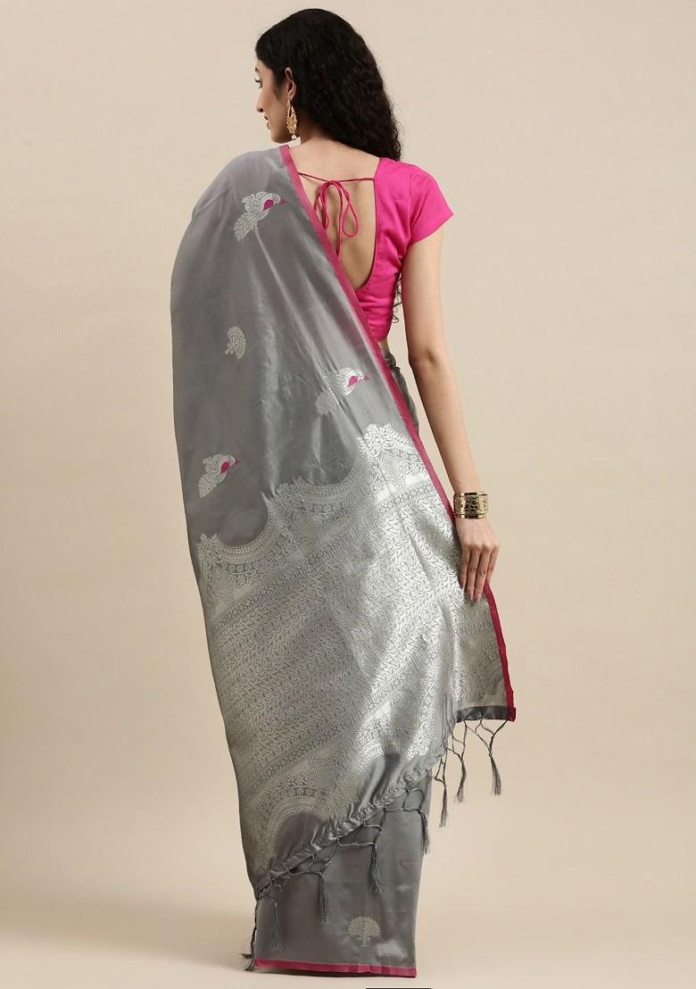 Grey Zari Printed Blended Saree Set - Indya
