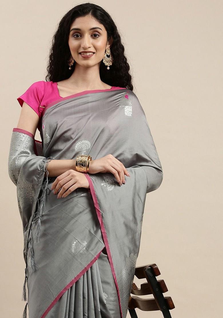 Grey Zari Printed Blended Saree Set - Indya