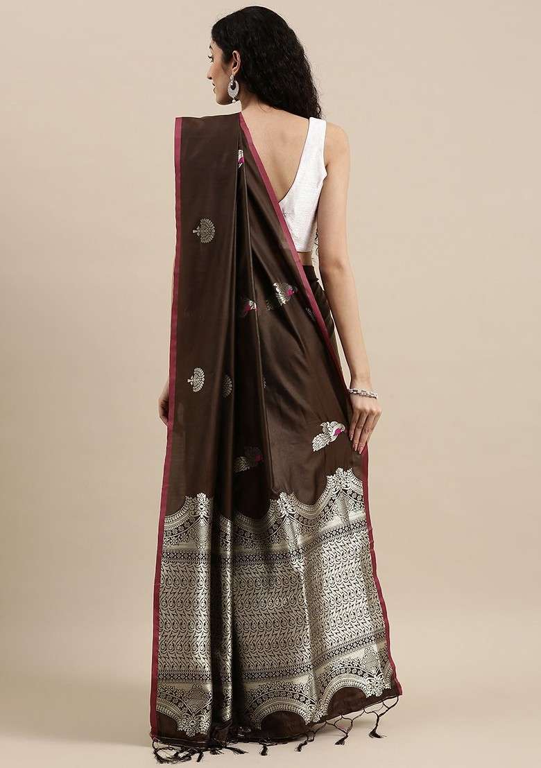 Brown Zari Printed Blended Saree Set for Diwali and Festive Wear - Indya