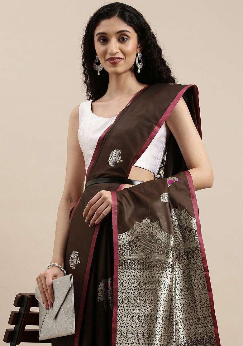 Brown Zari Printed Blended Saree Set for Diwali and Festive Wear - Indya