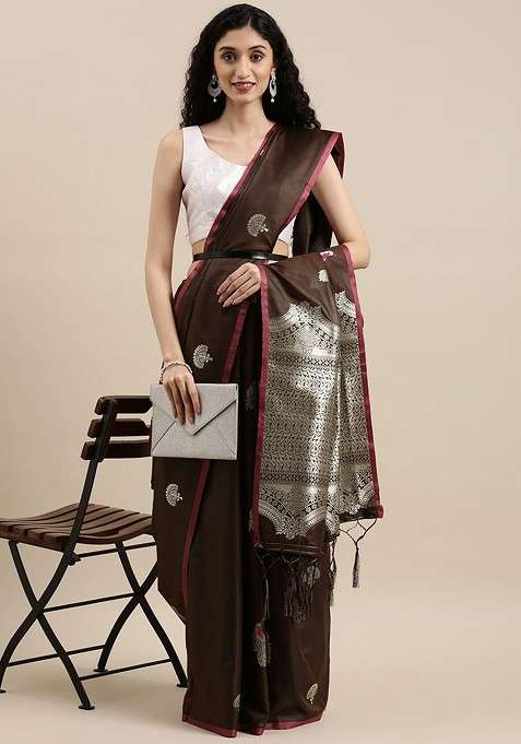Brown Zari Printed Blended Saree Set for Diwali and Festive Wear