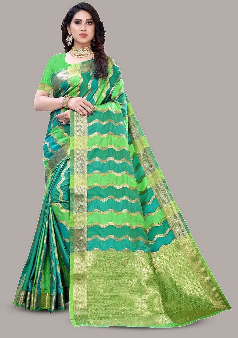 Green Embroidered Blended Saree Set for Diwali and Festive Wear - Indya