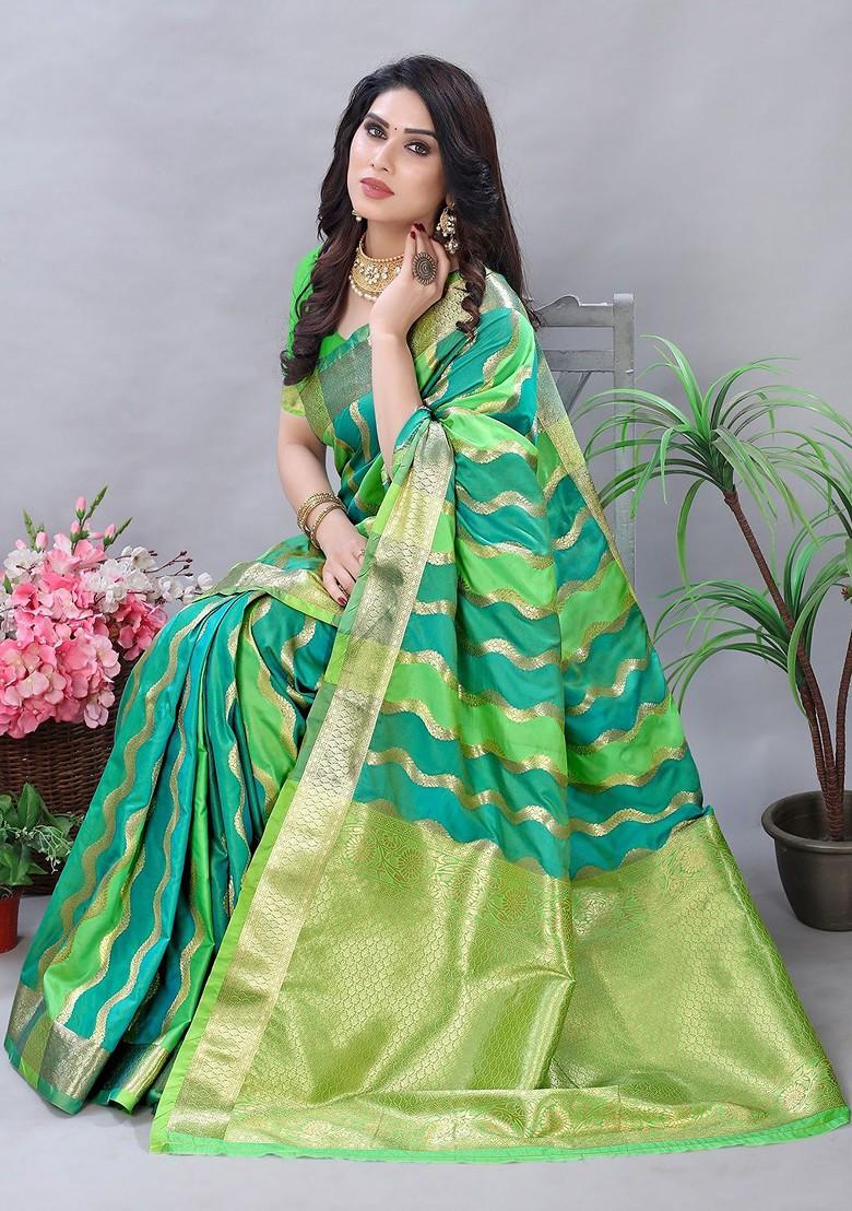 Green Embroidered Blended Saree Set - Indya