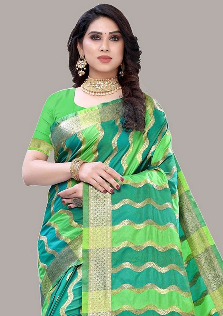 Green Embroidered Blended Saree Set for Diwali and Festive Wear - Indya