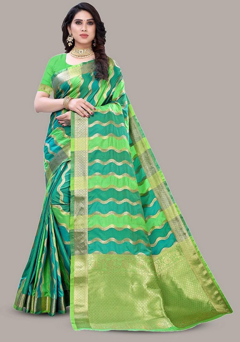 Green Embroidered Blended Saree Set - Indya