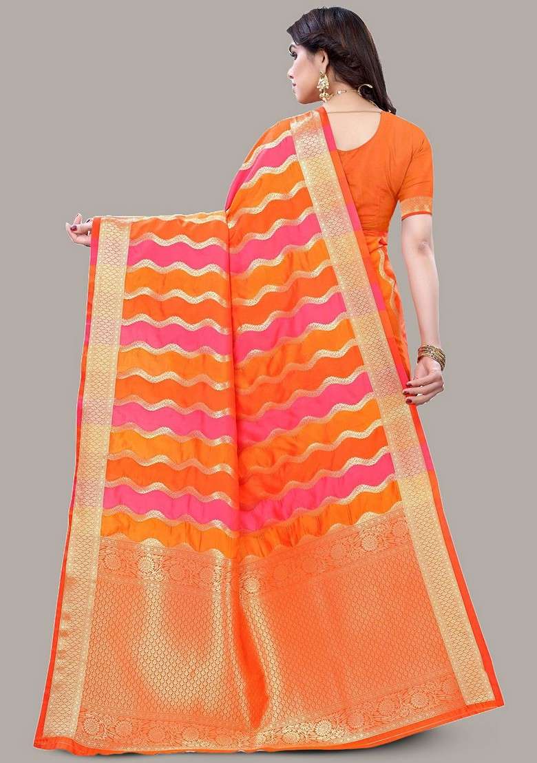 Orange Zari Printed Blended Saree Set - Indya