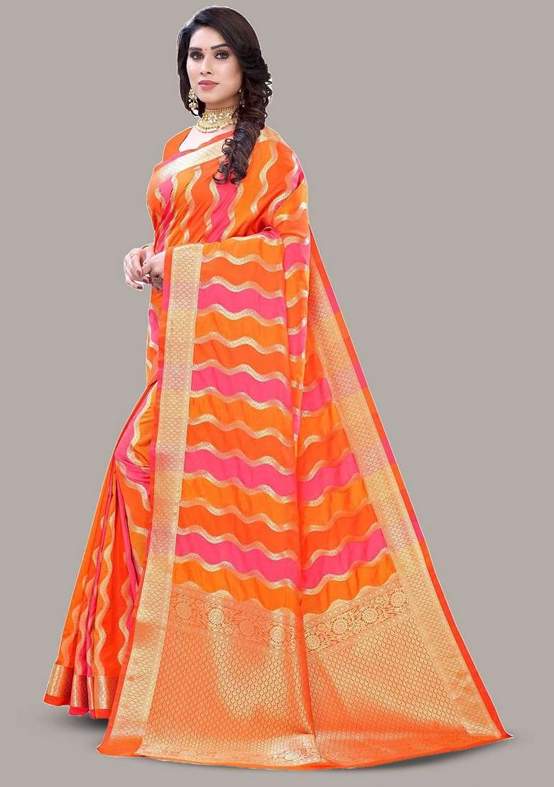 Orange Zari Printed Blended Saree Set - Indya