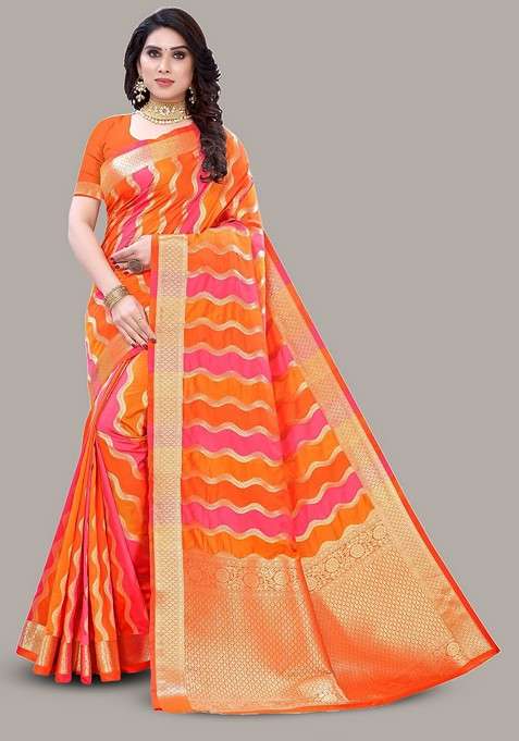 Orange Zari Printed Blended Saree Set
