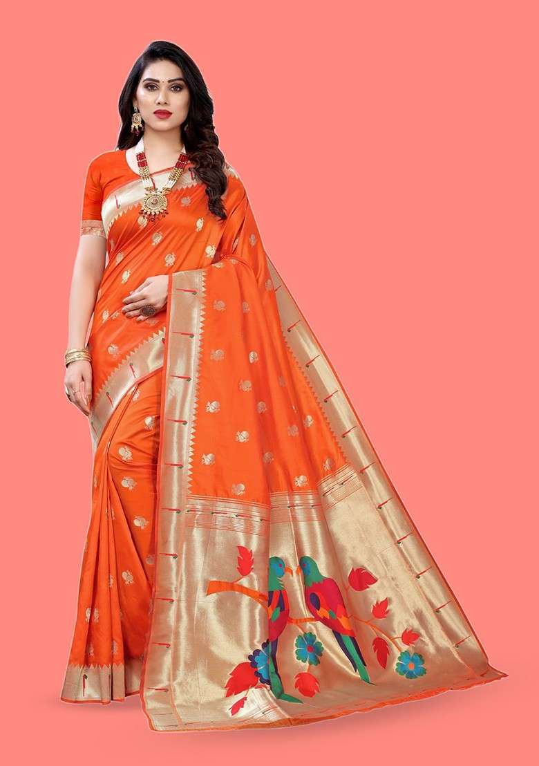 Orange Zari Printed Blended Saree Set for Diwali and Festive Wear - Indya