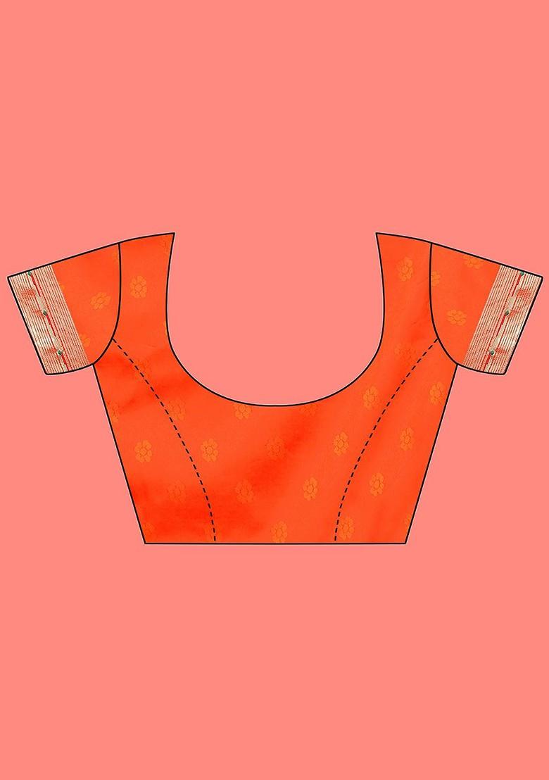 Orange Zari Printed Blended Saree Set - Indya
