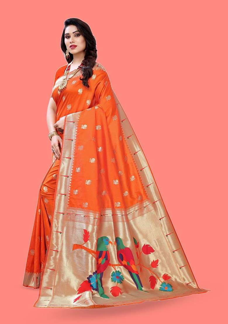 Orange Zari Printed Blended Saree Set for Diwali and Festive Wear - Indya