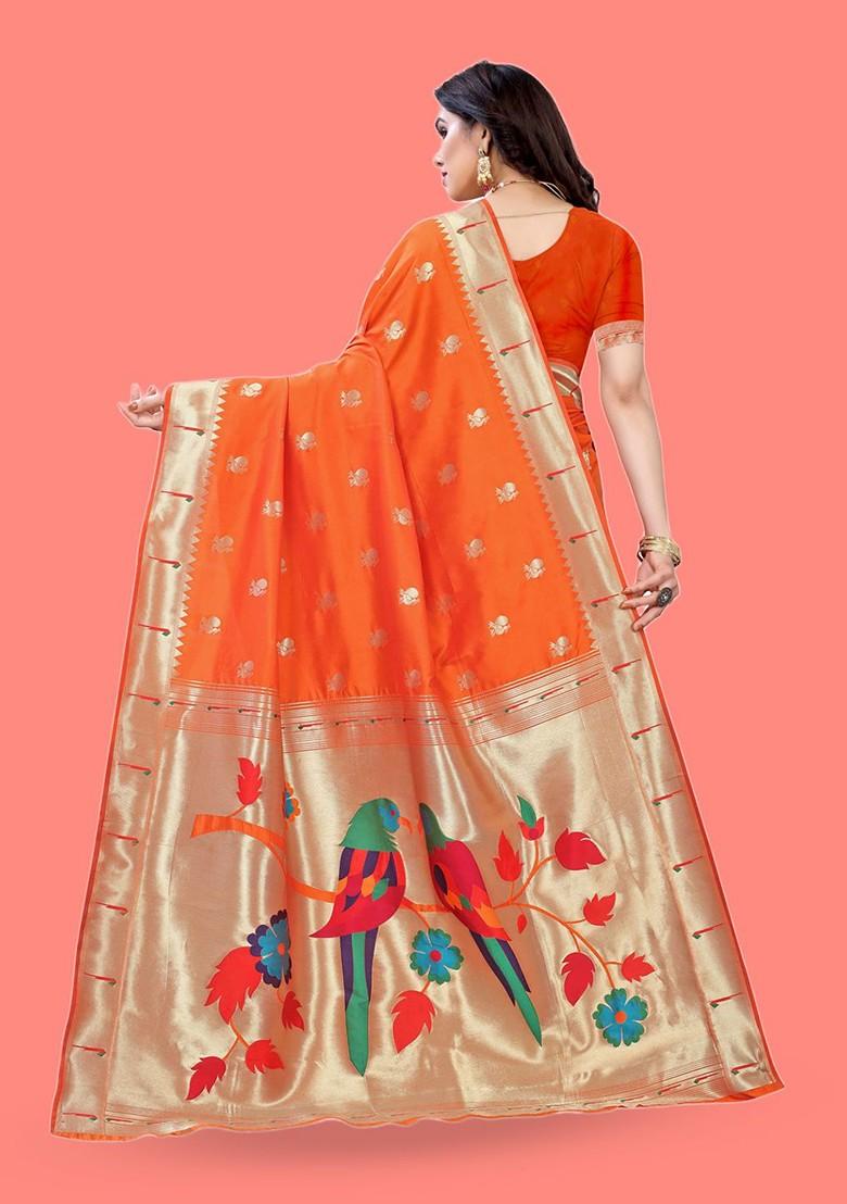 Orange Zari Printed Blended Saree Set - Indya
