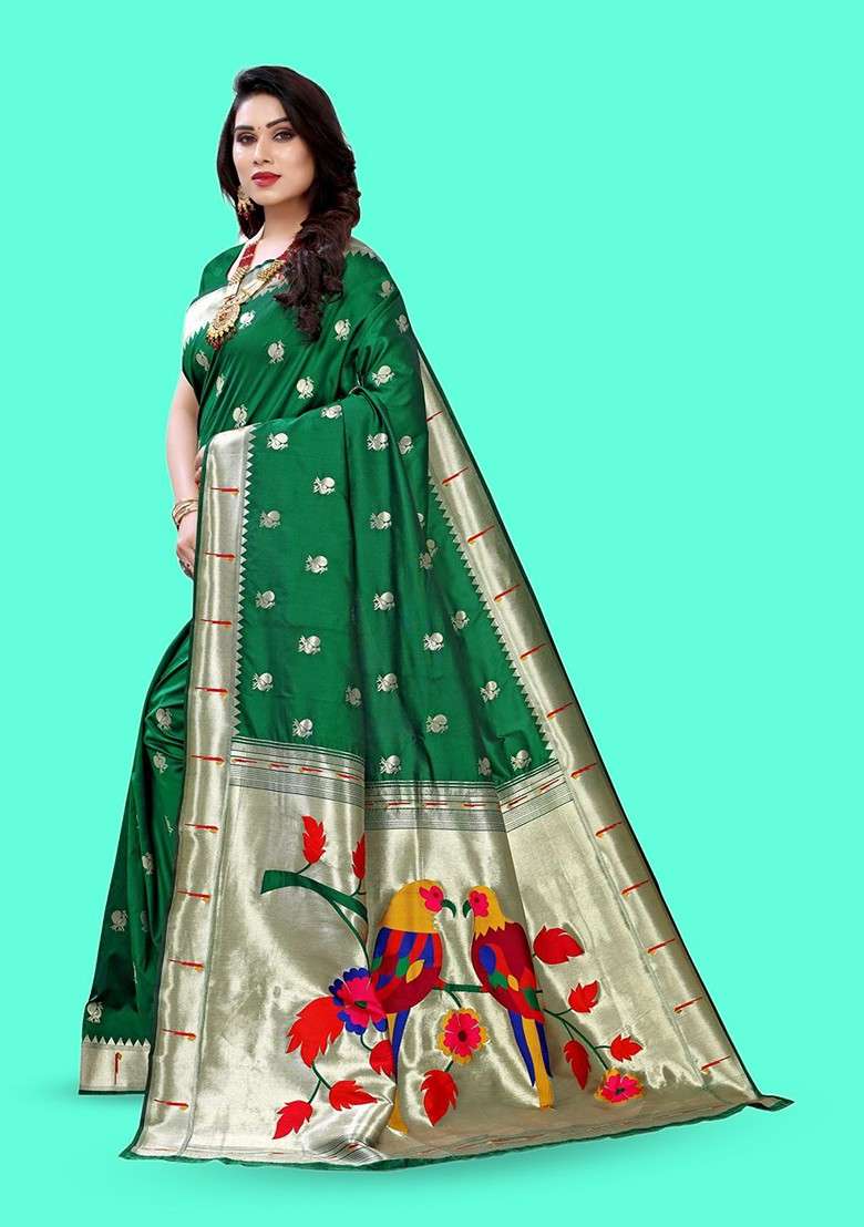 Green Blended Saree Set with Embroidered for Diwali | Wedding & Festive Wear - Indya