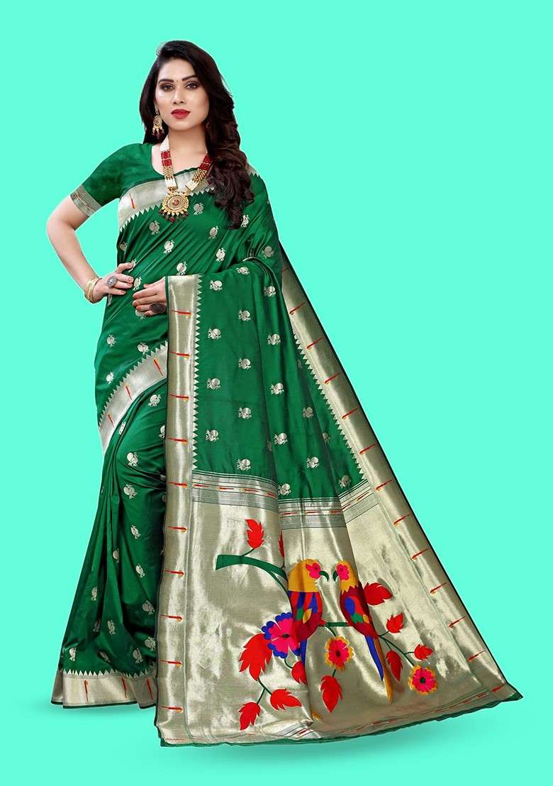 Green Blended Saree Set with Embroidered for Diwali | Wedding & Festive Wear - Indya