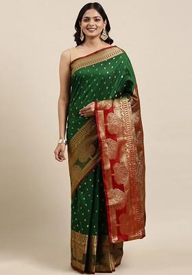 Green Zari Printed Blended Saree Set