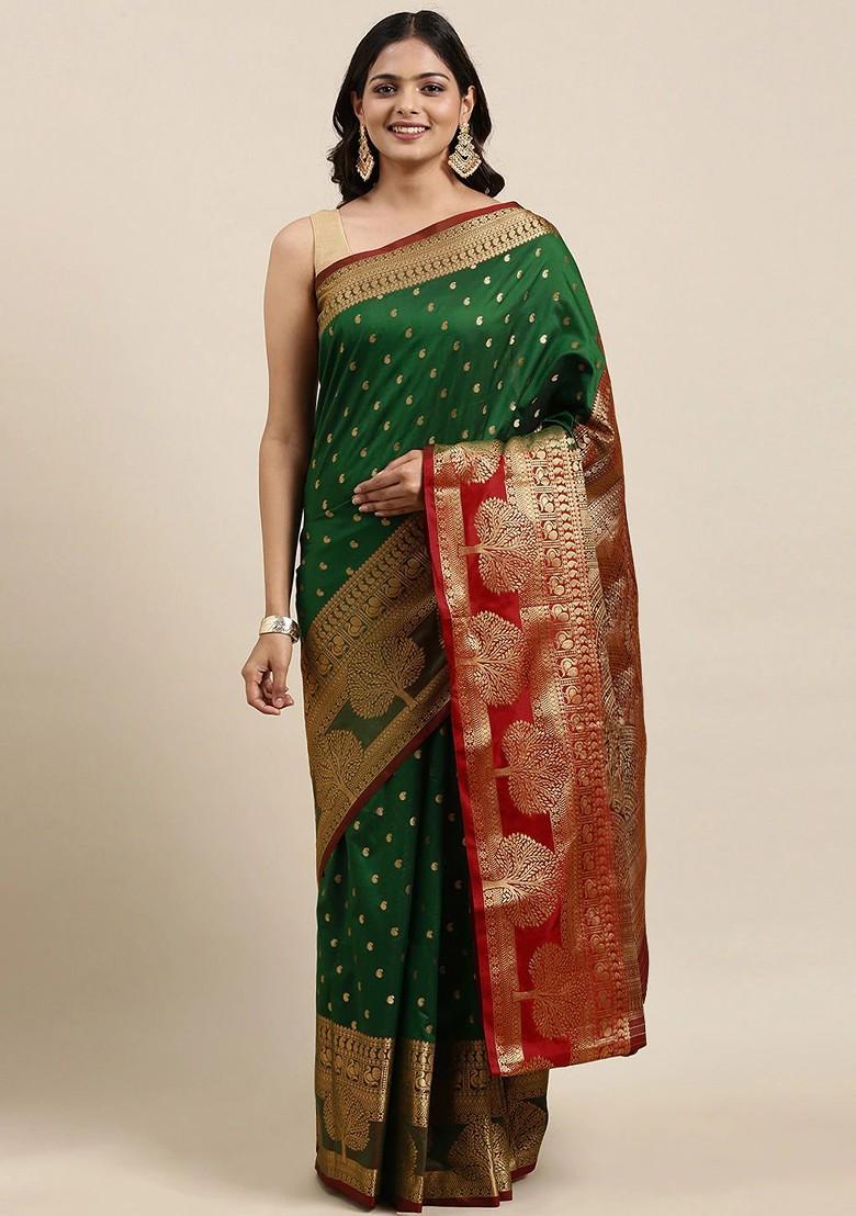 Green Zari Printed Blended Saree Set - Indya