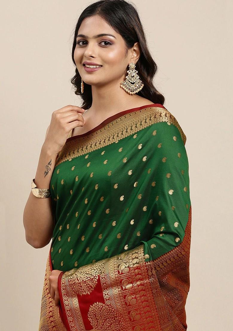 Green Zari Printed Blended Saree Set - Indya