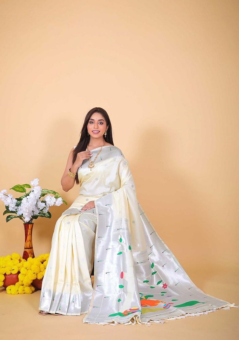 White Zari Printed Blended Saree Set - Indya