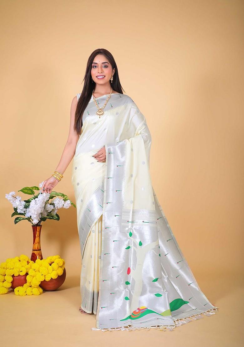 White Zari Printed Blended Saree Set - Indya