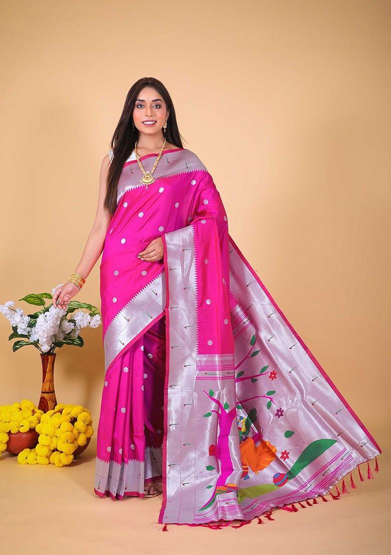 Pink Zari Printed Blended Saree Set - Indya