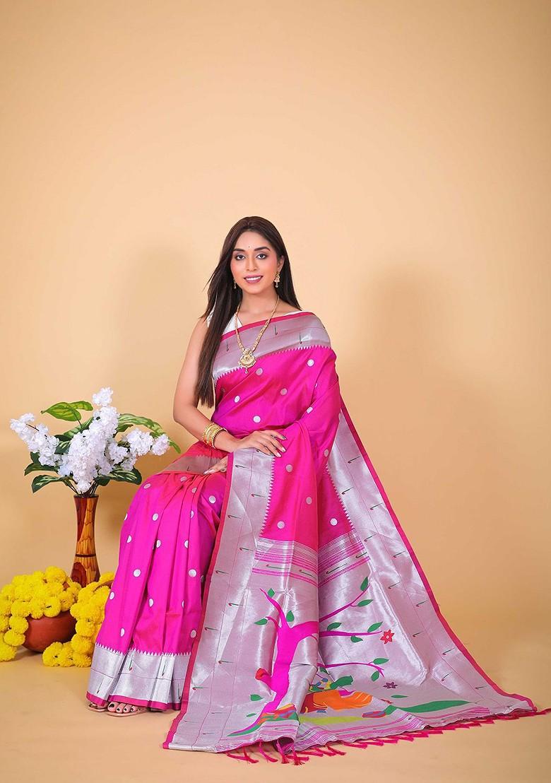 Pink Zari Printed Blended Saree Set - Indya