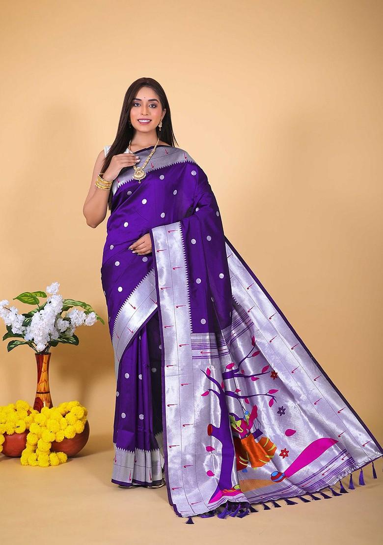 Blue Zari Printed Blended Saree Set - Indya