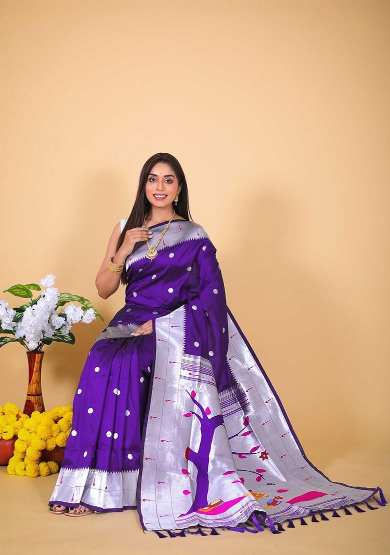 Blue Zari Printed Blended Saree Set - Indya