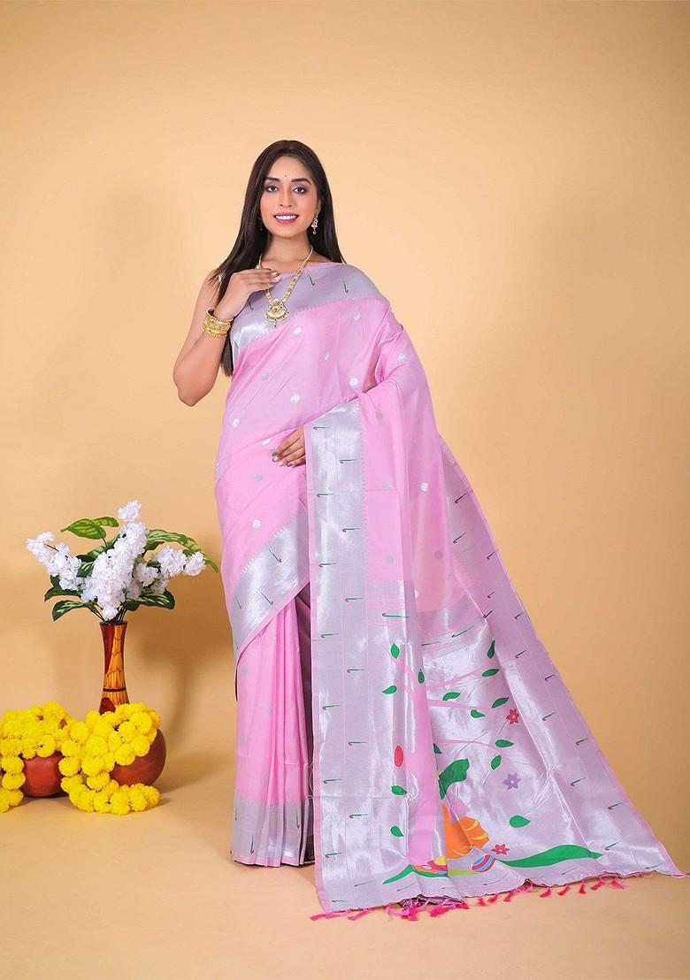 Pink Zari Printed Blended Saree Set - Indya