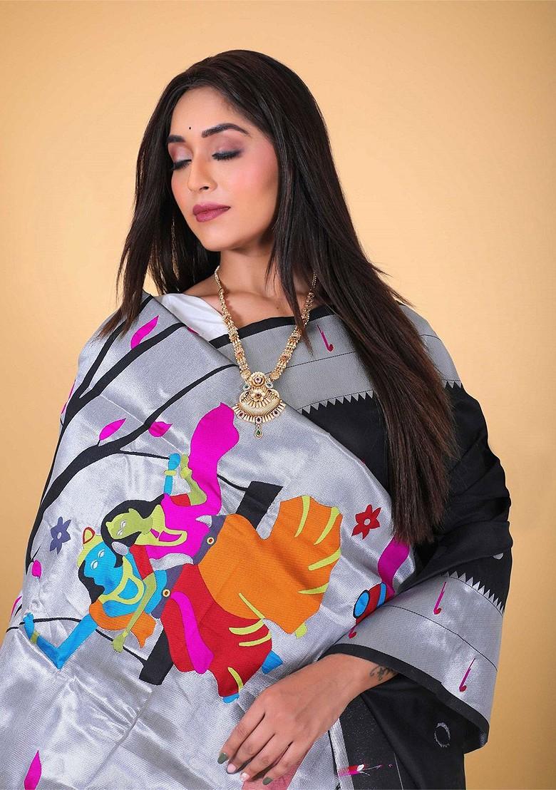 Black Zari Printed Blended Saree Set - Indya