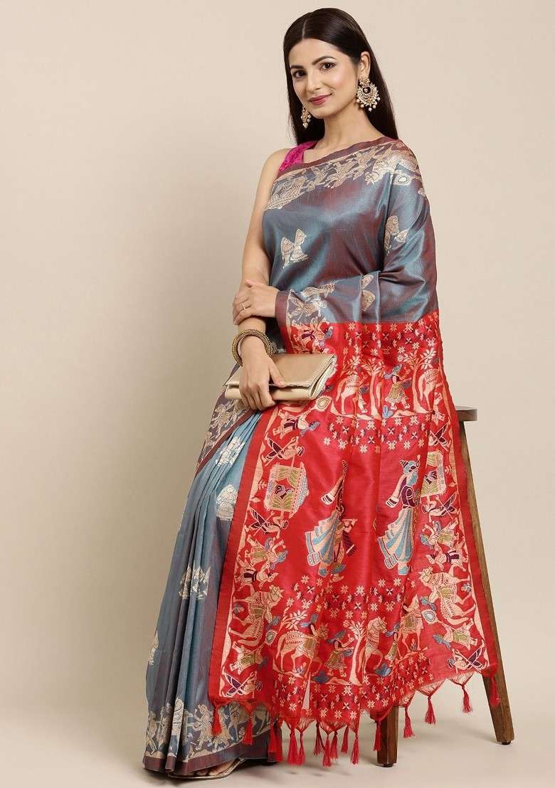Grey Zari Printed Blended Saree Set for Diwali and Festive Wear - Indya