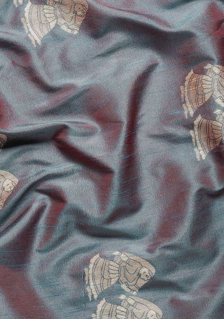 Grey Zari Printed Blended Saree Set for Diwali and Festive Wear - Indya