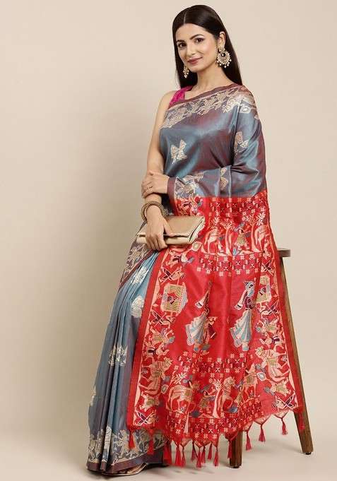 Grey Zari Printed Blended Saree Set for Diwali and Festive Wear