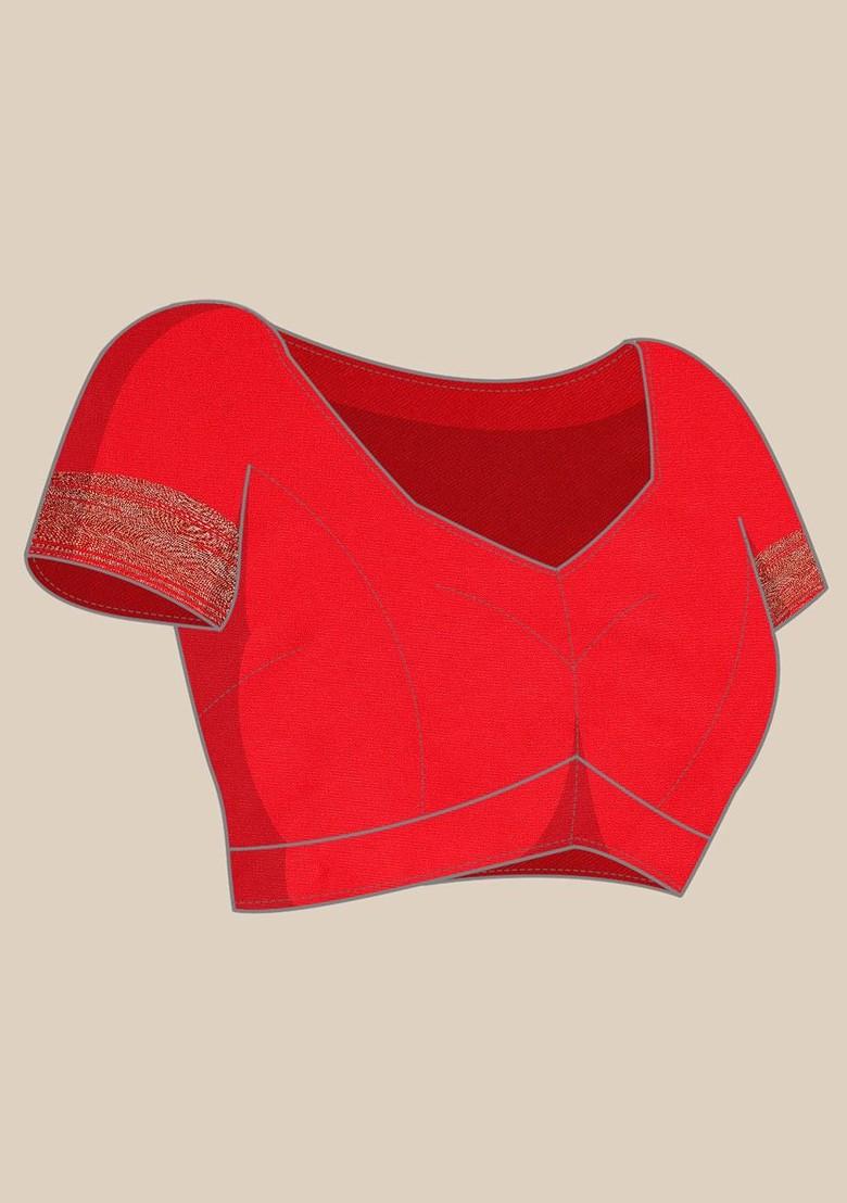 Red Embroidered Blended Saree Set - Indya