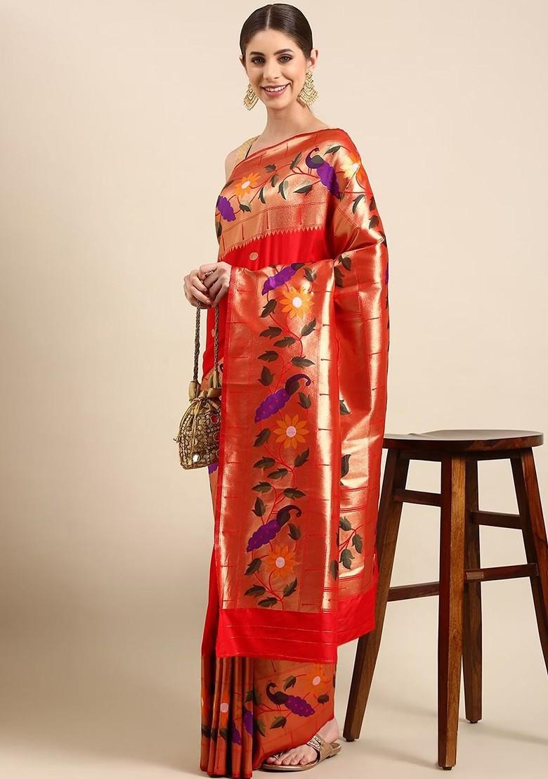 Red Embroidered Blended Saree Set - Indya
