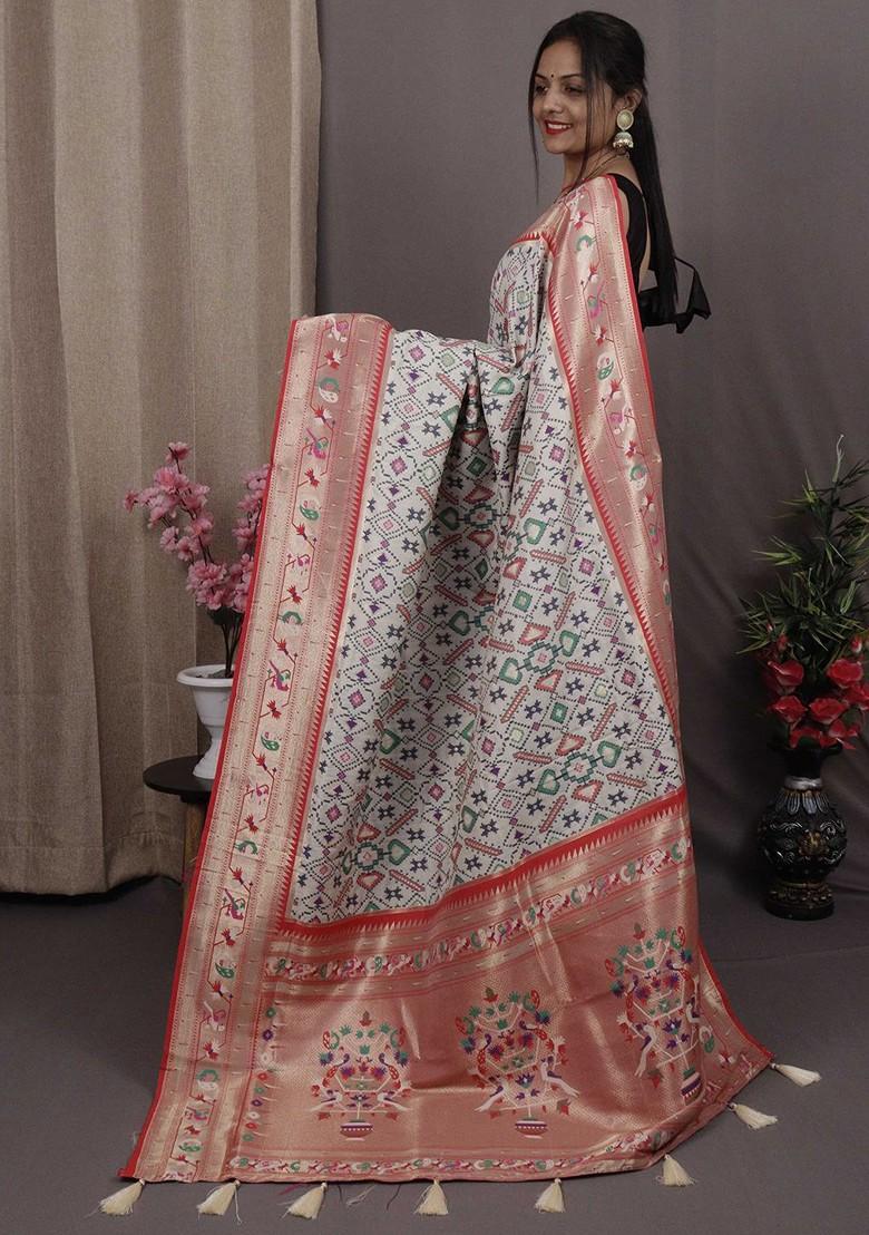 White Zari Printed Blended Saree Set - Indya