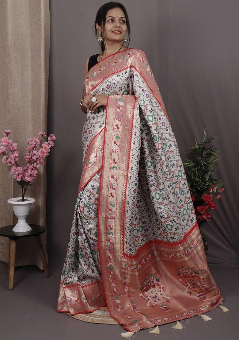 White Zari Printed Blended Saree Set - Indya