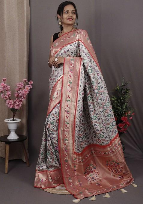 White Zari Printed Blended Saree Set