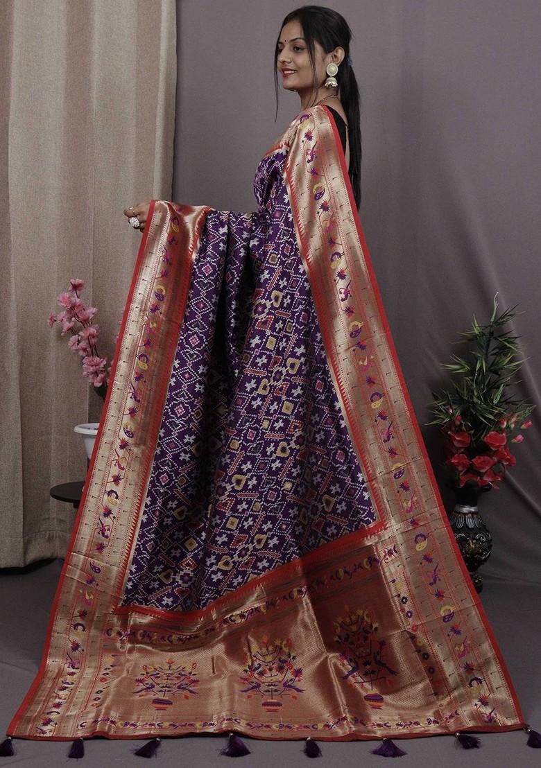 Purple Zari Printed Blended Saree Set - Indya