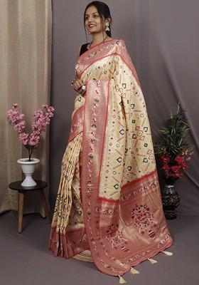 Cream Zari Printed Blended Saree Set