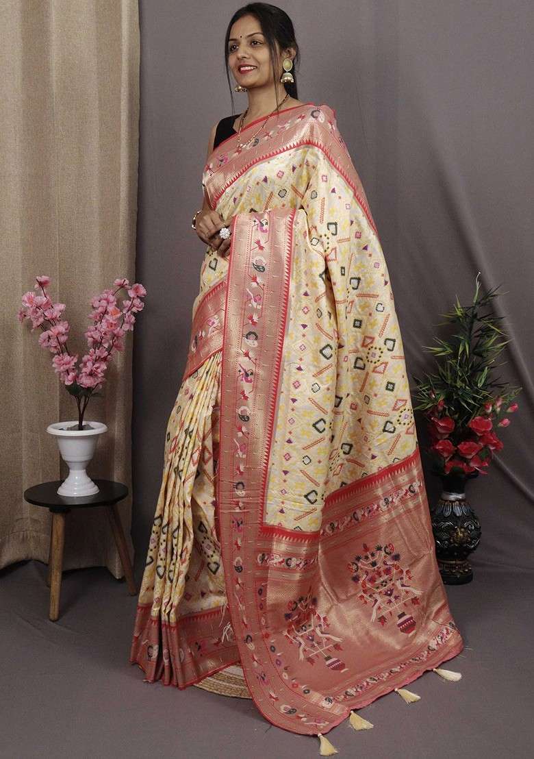 Cream Zari Printed Blended Saree Set - Indya