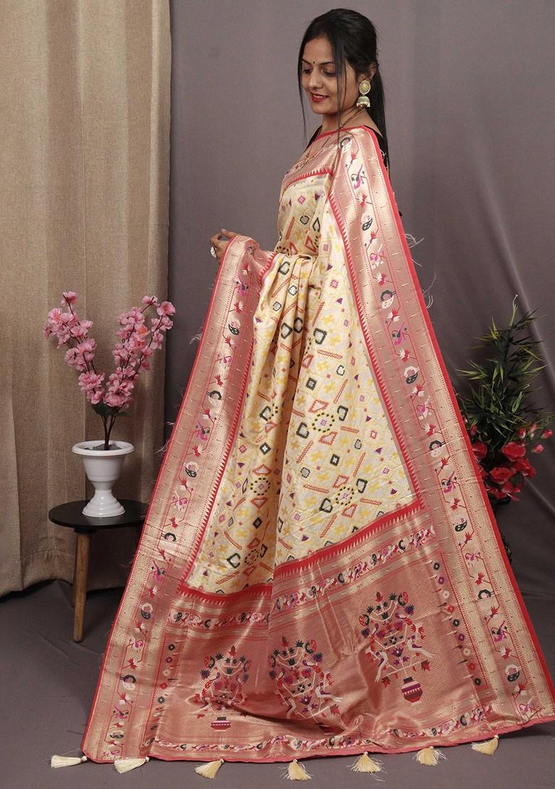 Cream Zari Printed Blended Saree Set - Indya