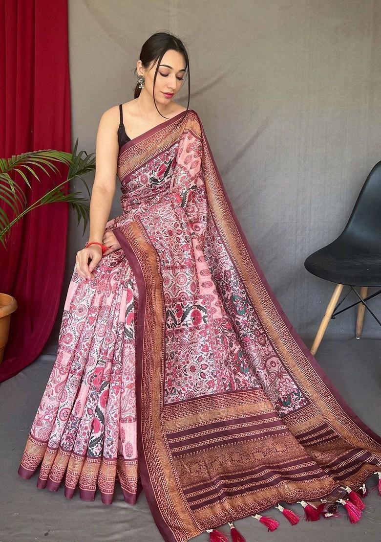 Pink Embroidered Blended Saree Set - Indya