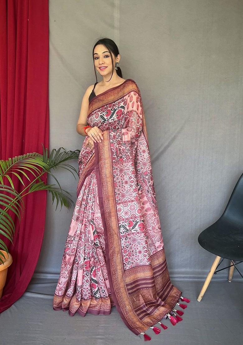Pink Embroidered Blended Saree Set - Indya