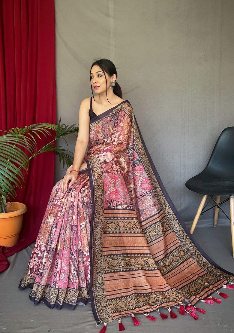 Pink Printed Blended Saree Set - Indya