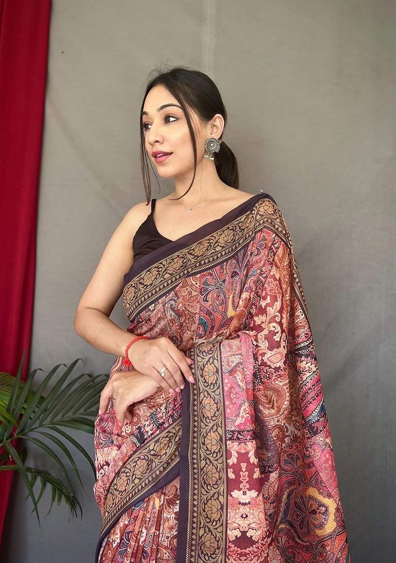 Pink Printed Blended Saree Set - Indya